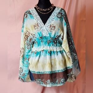 Blooming Rose Boho Kaftan Tunic Blouse - Teal Floral Print - Size XL 🌿
